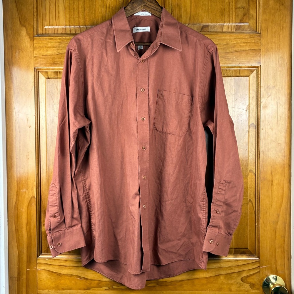 Pierre Cardin Vtg Mens Rust Orange Button Down Shirt Long Sleeve 16.5 34/35